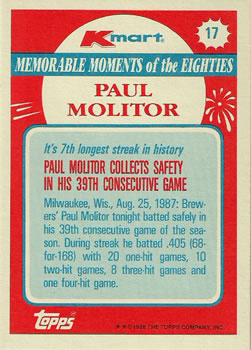 1988 Topps Kmart Memorable Moments #17 Paul Molitor Back