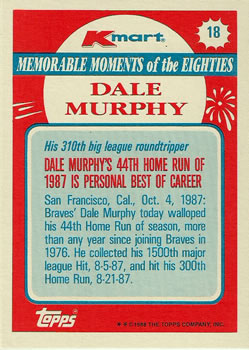 1988 Topps Kmart Memorable Moments #18 Dale Murphy Back