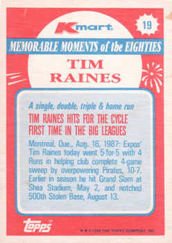 1988 Topps Kmart Memorable Moments #19 Tim Raines Back
