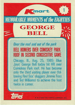 1988 Topps Kmart Memorable Moments #1 George Bell Back