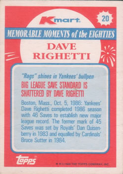1988 Topps Kmart Memorable Moments #20 Dave Righetti Back