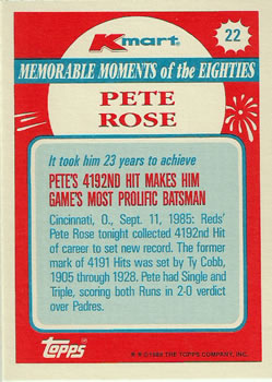 1988 Topps Kmart Memorable Moments #22 Pete Rose Back