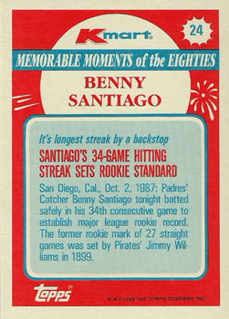 1988 Topps Kmart Memorable Moments #24 Benny Santiago Back