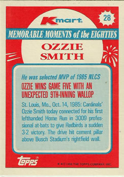 1988 Topps Kmart Memorable Moments #28 Ozzie Smith Back