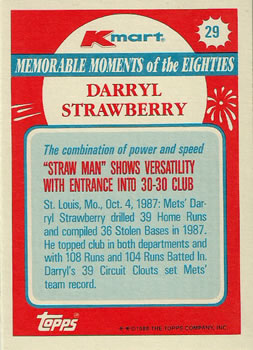 1988 Topps Kmart Memorable Moments #29 Darryl Strawberry Back