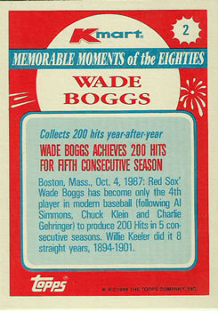 1988 Topps Kmart Memorable Moments #2 Wade Boggs Back