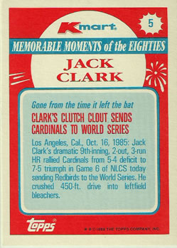 1988 Topps Kmart Memorable Moments #5 Jack Clark Back