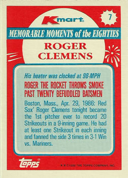1988 Topps Kmart Memorable Moments #7 Roger Clemens Back