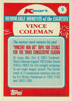 1988 Topps Kmart Memorable Moments #8 Vince Coleman Back