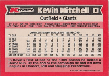 1990 Topps Kmart Super Stars #6 Kevin Mitchell Back
