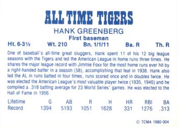 1980 TCMA All Time Detroit Tigers #004 Hank Greenberg Back