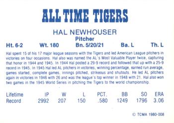 1980 TCMA All Time Detroit Tigers #008 Hal Newhouser Back