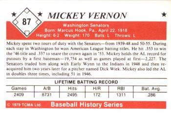 1979 TCMA The 1950’s #87 Mickey Vernon Back