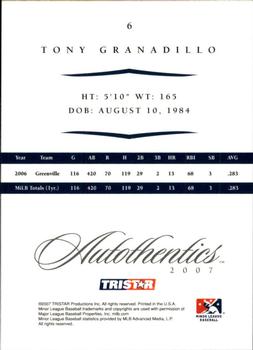 2007 TriStar Autothentics #6 Tony Granadillo Back
