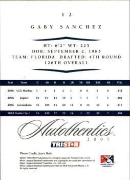 2007 TriStar Autothentics #12 Gaby Sanchez Back