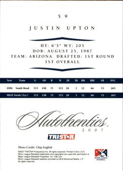 2007 TriStar Autothentics #59 Justin Upton Back