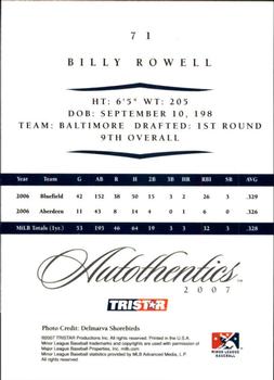 2007 TriStar Autothentics #71 Billy Rowell Back