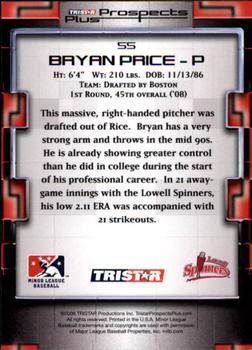 2008 TriStar Prospects Plus #55 Bryan Price Back