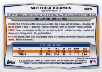2014 Bowman - Chrome Prospects #BCP72 Matthew Bowman Back