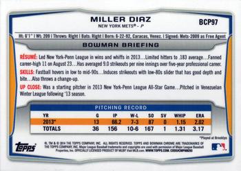 2014 Bowman - Chrome Prospects #BCP97 Miller Diaz Back