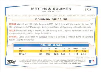 2014 Bowman - Prospects #BP72 Matthew Bowman Back