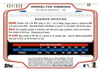 2014 Bowman - Blue #11 Andrelton Simmons Back