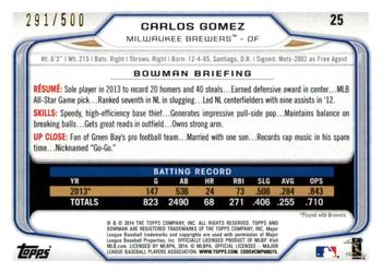 2014 Bowman - Blue #25 Carlos Gomez Back