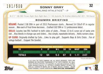 2014 Bowman - Blue #32 Sonny Gray Back