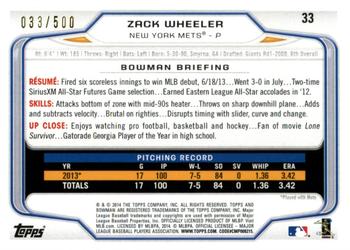 2014 Bowman - Blue #33 Zack Wheeler Back