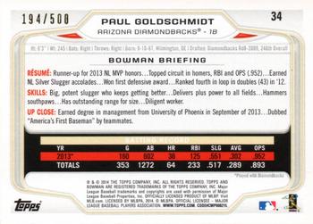2014 Bowman - Blue #34 Paul Goldschmidt Back