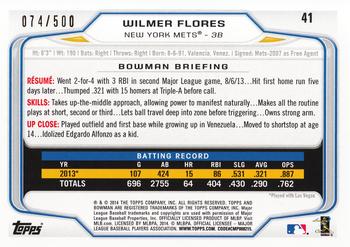 2014 Bowman - Blue #41 Wilmer Flores Back