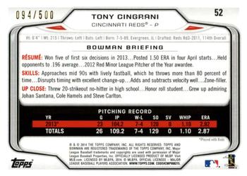 2014 Bowman - Blue #52 Tony Cingrani Back