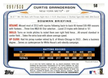 2014 Bowman - Blue #58 Curtis Granderson Back