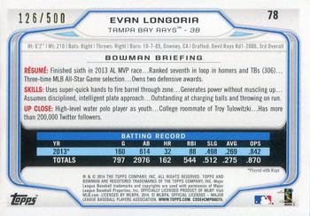 2014 Bowman - Blue #78 Evan Longoria Back