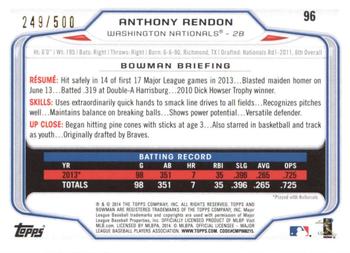 2014 Bowman - Blue #96 Anthony Rendon Back