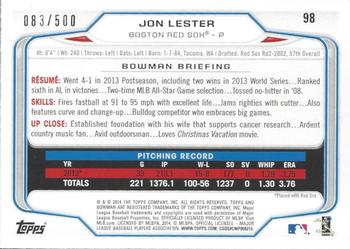 2014 Bowman - Blue #98 Jon Lester Back