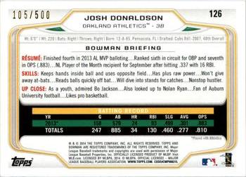2014 Bowman - Blue #126 Josh Donaldson Back