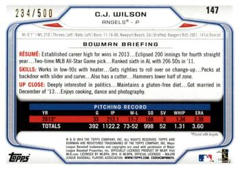 2014 Bowman - Blue #147 C.J. Wilson Back