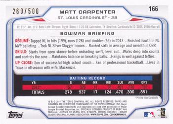 2014 Bowman - Blue #166 Matt Carpenter Back