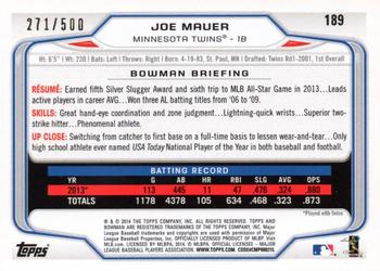 2014 Bowman - Blue #189 Joe Mauer Back