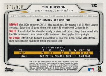 2014 Bowman - Blue #192 Tim Hudson Back