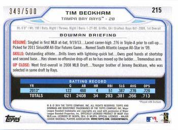 2014 Bowman - Blue #215 Tim Beckham Back