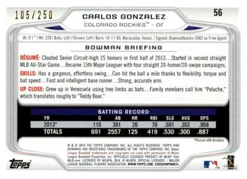 2014 Bowman - Orange #56 Carlos Gonzalez Back