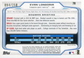 2014 Bowman - Orange #78 Evan Longoria Back