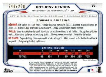 2014 Bowman - Orange #96 Anthony Rendon Back