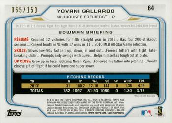 2014 Bowman - Green #64 Yovani Gallardo Back