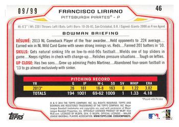 2014 Bowman - Yellow #46 Francisco Liriano Back