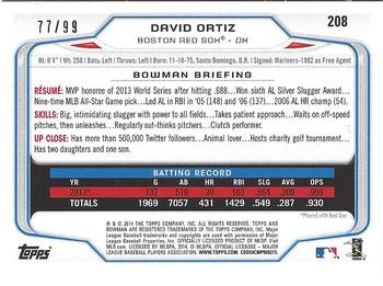 2014 Bowman - Yellow #208 David Ortiz Back