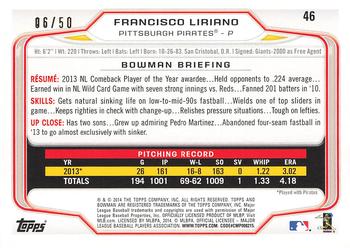 2014 Bowman - Gold #46 Francisco Liriano Back