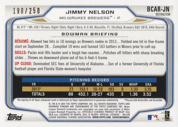 2014 Bowman - Chrome Rookie Autographs Blue Refractors #BCAR-JN Jimmy Nelson Back
